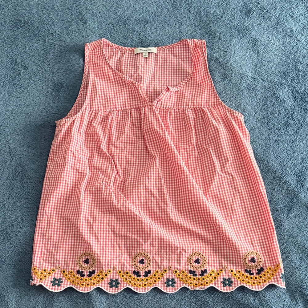 Madewell Pink Gingham Tank Top with Floral Embroidery